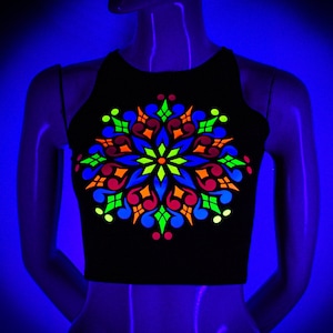 Hand Decorated UV Crop Top - &quot;PsyMandal&quot; | Reactive in UV blacklight |