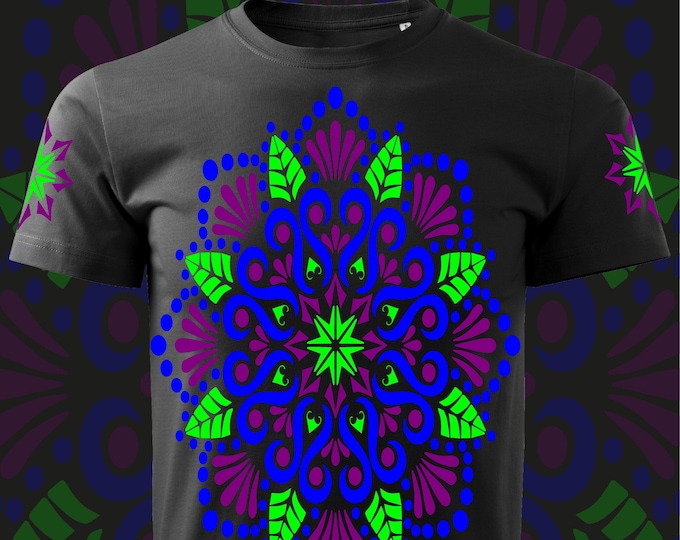 Hand Decorated UV T-Shirt "Leaves Mandala"| Reactive in UV blacklight |