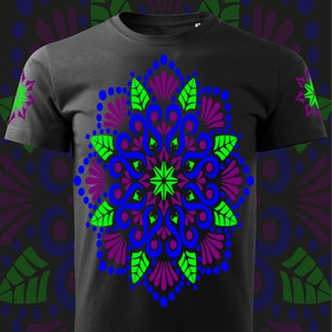 Hand Decorated UV T-Shirt &quot;Leaves Mandala&quot;| Reactive in UV blacklight |