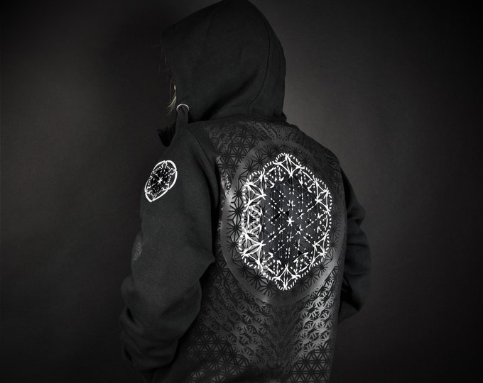 Hand Decorated Black Hoodie Sacred Geometry - "Flowers Of Life"