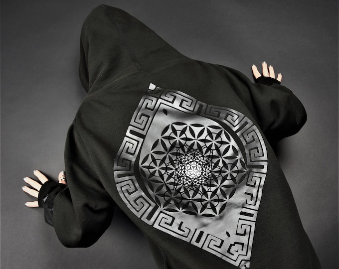 Hand Decorated Black Sacred Geometry Hoodie - "Metatron's Amulet"