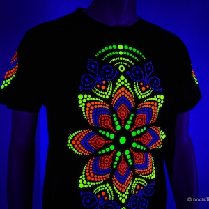 Hand Decorated UV T-Shirt &quot;Dot Mandala&quot;| Reactive in UV blacklight |