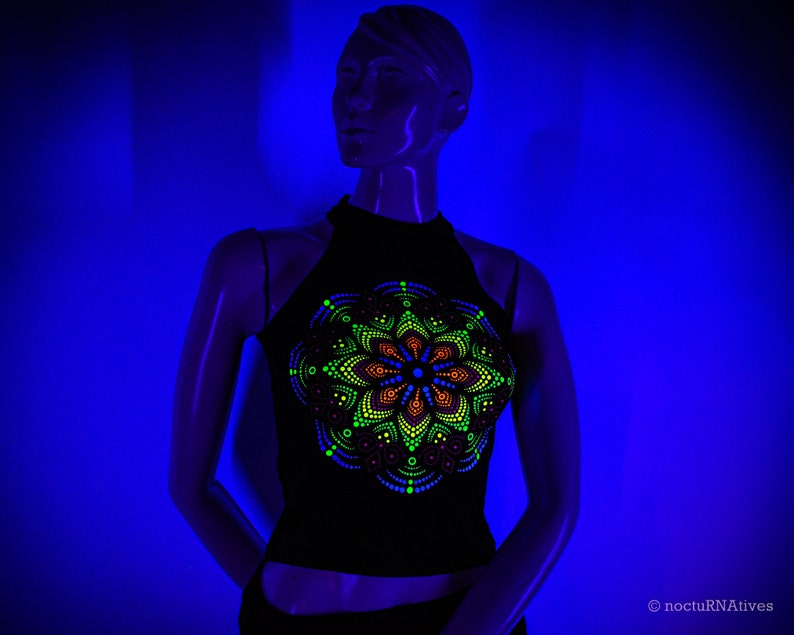 Hand Decorated UV Top DotMandala Reactive in UV blacklight Mandala Psytrance UV Tshirt Fluorescent Psychedelic Party Ultraviolet image 3