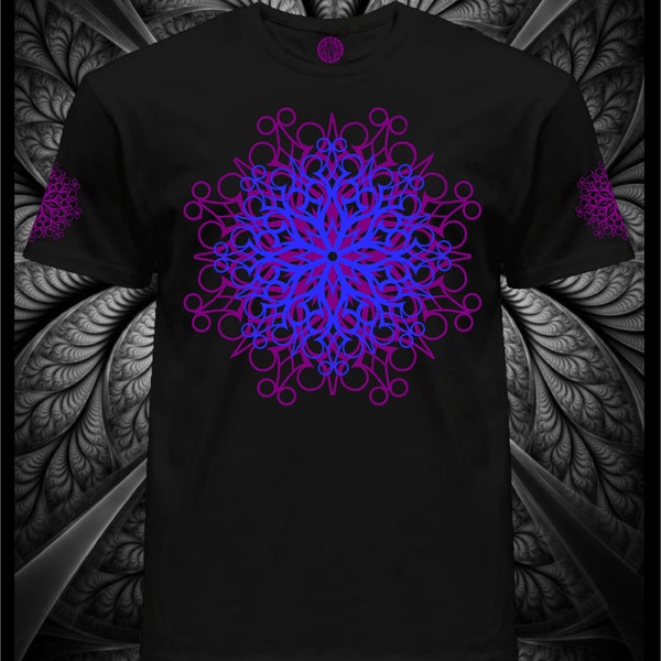 T-shirt UV - Fluorescent - « Psymandal » - Lumineux UV Psytrance lumière noire, tenue de soirée psychodélique, art visuel fractal psytrance