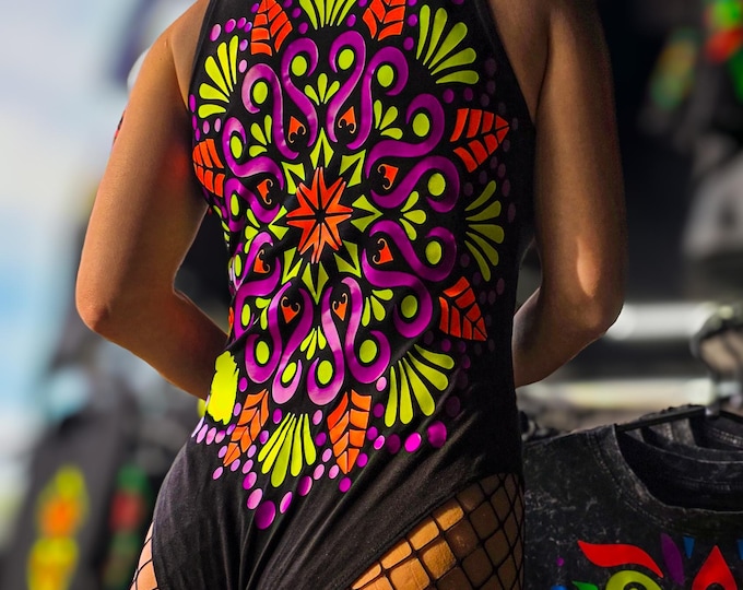 Blacklight Mandala Bodysuit | Handmade UV Reactive Design | Bold Festival & Everyday Fashion