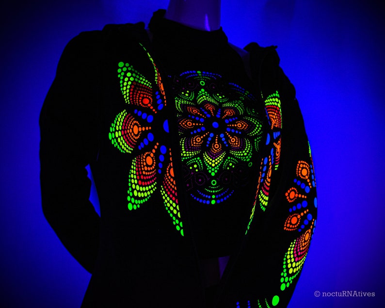 Hand Decorated UV Top DotMandala Reactive in UV blacklight Mandala Psytrance UV Tshirt Fluorescent Psychedelic Party Ultraviolet image 7