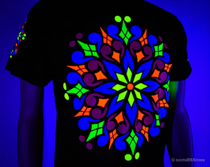 Hand Decorated UV T-shirt - "PsyMandal" | Reactive in UV blacklight |