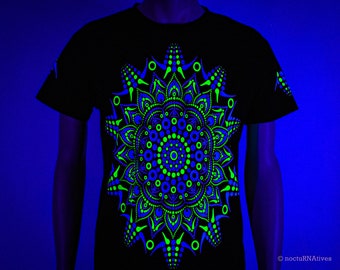 Hand Decorated UV T-shirt - &quot;Dot Mandala&quot; | Reactive in UV blacklight |