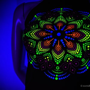 Hand Decorated UV Top DotMandala Reactive in UV blacklight Mandala Psytrance UV Tshirt Fluorescent Psychedelic Party Ultraviolet image 6