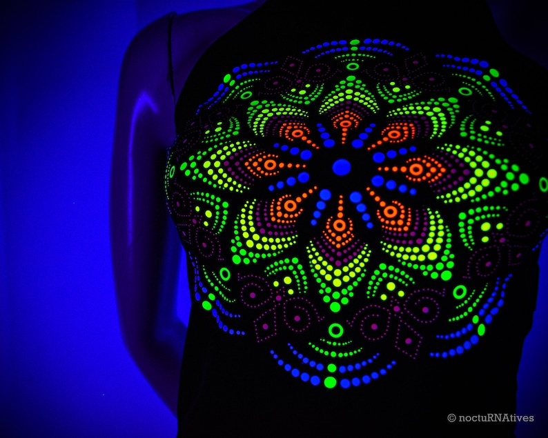 Hand Decorated UV Top DotMandala Reactive in UV blacklight Mandala Psytrance UV Tshirt Fluorescent Psychedelic Party Ultraviolet image 6