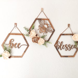 Hexagon Wreath | Blessed | Bee | Floral | Wood Flowers | Honey | Minimalist | Boho | Farmhouse | Shabby Chic | Wreath| Door Hanger