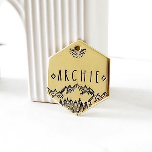 Adventure dog Tag, Pet ID Tag, Lake Dog Tag, Gold Dog Tag, Silver Dog Tag, dog tag for dogs, Forest, sun, lake, birds, sunrise, sunset