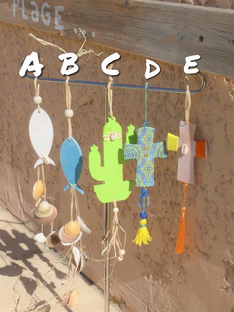 Décoration Artisanale Bohème , Deco Boho Plage , Cactus , Croix , Poisson