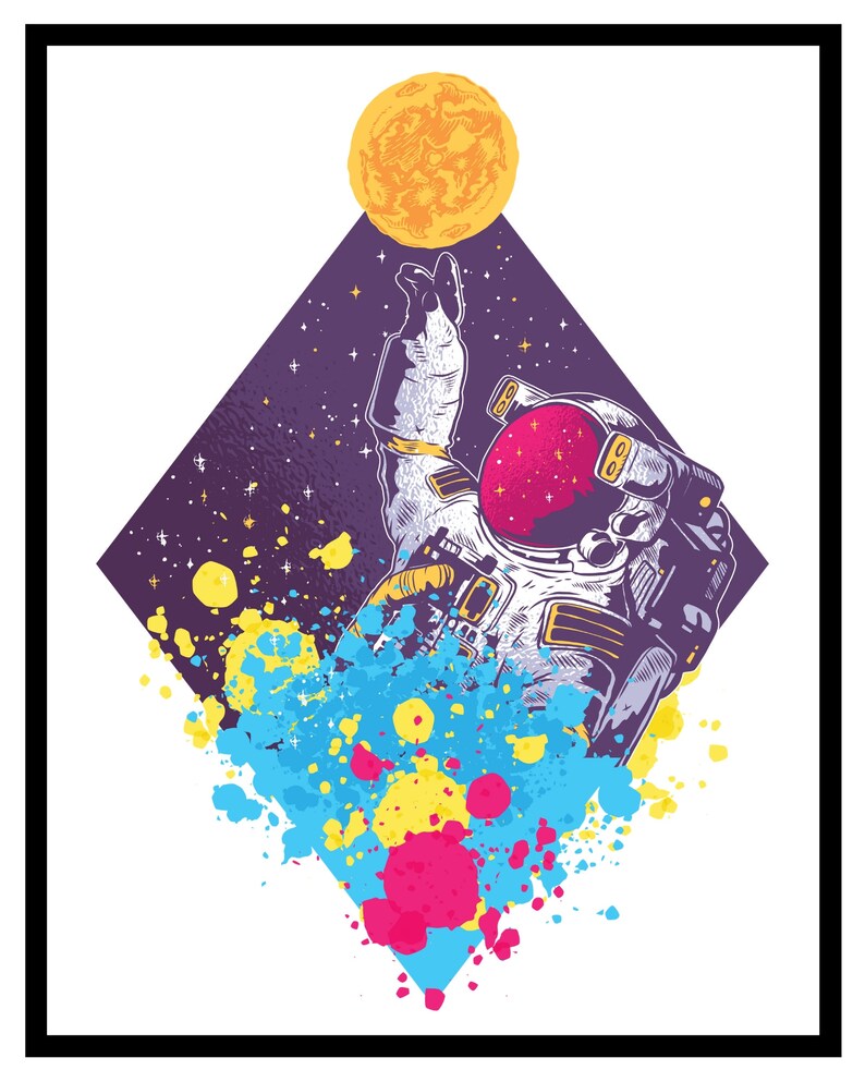 May include: An astronaut in a white spacesuit with a pink helmet floats in space. The astronaut is reaching up towards a yellow sun. The background is a purple diamond shape with stars and colorful paint splatters.