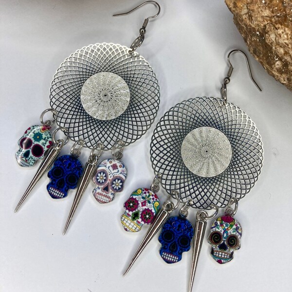 Random Sugar skull spikes fan earrings , Halloween jewelry, stainless steel jewelry, skull jewelry, day of the dead, dia de los muertos