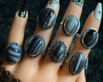 Black Banded agate silver PLATED rings, crystal rings, natural healing crystals, metaphysical jewelry, boho rings, witchy jewelry