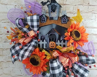 Haunted House Wreath, Halloween Wreath, October Wreath for Front Door, Orange and Black Halloween Wreath, Haunted House Decor