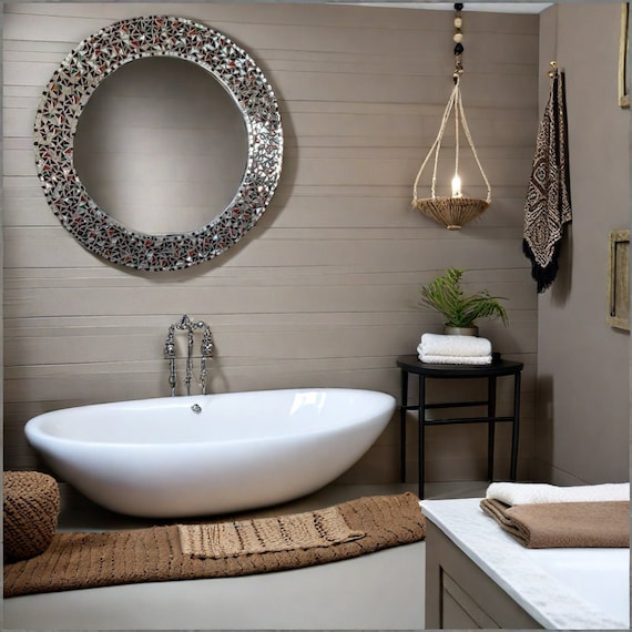 Handmade Red & Green Mosaic Mirror Artistic Round Wall Mirror for Bathroom  Elegance Small Circle Mirror for Unique Home Decor 