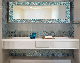 Beach House Decor Mirror - Handcrafted Large Wall Mirror with Mosaic Blue Tones - Elegant Bathroom & Vanity Upgrade