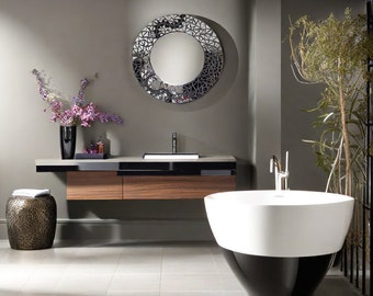 Round Mirror Circle Mirror - 22" Mosaic Wall Decor, Chic Black Bathroom Mirror, Decorative Statement Piece, Housewarming Gift Idea