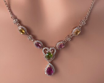 Natural Multi-Color Tourmaline With S925 Sterling Silver Plated 18K Rose Gold Necklace/Birthstone of Oct/Anniversary Gift/Valentine's Day