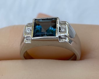 Topaze bleue naturelle de Londres avec placage en argent sterling S925 Bague en or 18K / Pierre de naissance de novembre / Ouverture réglable / Cadeau de saint-Valentin / Pour hommes
