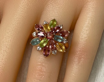 Natural Multi-Color Tourmalines Gem With S925 Sterling Silver Plated 18K Rose Gold Ring/Birthstone of Oct/Adjustable Opening/Engagement Ring