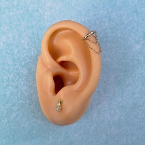 May include: A close-up of a person's ear with a gold chain earring and a small gold and clear crystal stud earring.