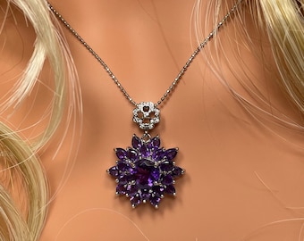Amethyst Floral Pendant Necklace, Sterling Silver, February Birthstone