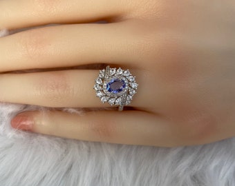 Natural Tanzanite Gem With S925 Sterling Silver Plated 18K White Gold/Birthstone of Dec/Anniversary Gift/Adjustable open/Mother's Day Gift