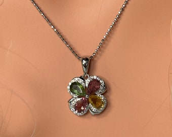 Natural Multicolor Tourmalines Gem With S925 Sterling Silver Plated 18K  White Gold necklace/Birthstone of Oct