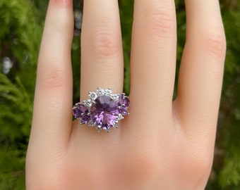 Natural Amethyst With S925 Sterling Silver Plated 18KWhiteGold/Vintage/Mother's Day Gift/Feb Birthstone/Open Adjustable/Engagement Ring/Ring