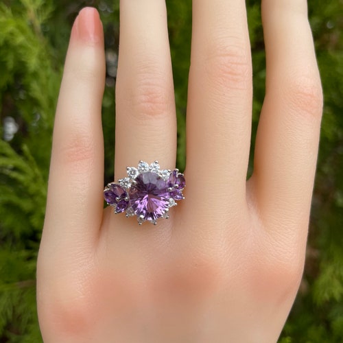 Silvershake Amethyst & White Gold Plated Sterling Silver Ring - Size 5