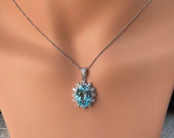 Natural Blue Topaz Gem With S925 Sterling Silver Plated 18K White Gold Necklace/Birthstone Of Nov/Anniversary Gift
