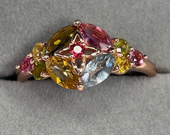 Natural Colored Tourmaline Gem With S925 Sterling Silver Plated 18K Rose Gold/Birthstone Of Oct/Adjustable Opening/Engagement Ring