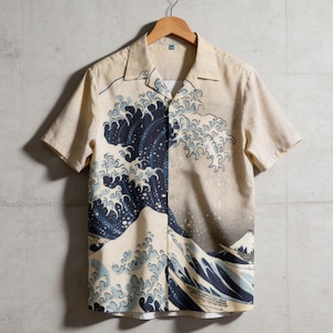 Hokusai overhemd met korte mouwen - The Great Wave van Kanagawa - Kraagoverhemd met knoopjes en korte mouwen - Hawaiiaans overhemd - Esthetische hipster