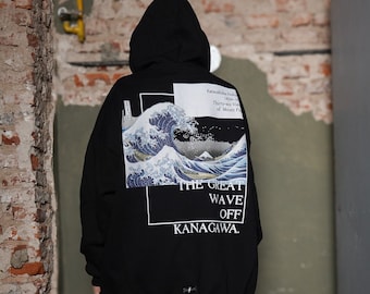 The Great Wave of Kanagawa Hoodie – Herren-Hoodie, Vintage-Kunst mit Kapuze, Hokusai %100 hochwertige Baumwolle, japanischer Kunst-Hoodie, ästhetischer Damen-Hoodie