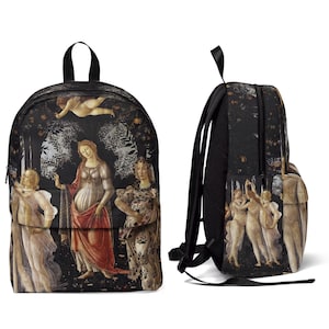 May include: A black backpack featuring a print of a Renaissance painting depicting a group of women in a garden setting. The painting showcases a central female figure in a flowing red and gold dress, surrounded by other women in white and gold garments. The backpack has adjustable straps and a zippered closure.