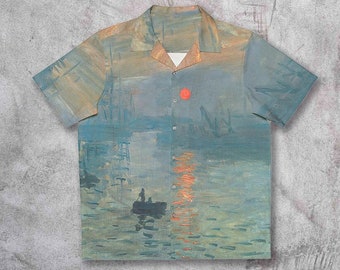 Camicia a maniche corte Claude Monet ispirata - Camicia artistica con colletto button down Uomo - Camicia hawaiana - Estetica della camicia artistica Soleil Levant - Hipster