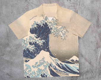 Hokusai short sleeve shirt - The Great Wave off Kanagawa- Collared button down short sleeve art shirt  - Hawaiian Shirt - Aesthetic Hipster