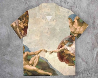 Michelangelo short sleeve shirt - Collared button down art shirt Men - Hawaiian Shirt- The creatiom of Adam art shirt aesthetic- Hipster