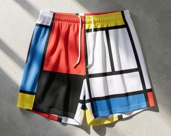 Mondrian Art Swim Shorts - Quick Dry Aesthetic Beach Trunks - Museumcore Summer Wear
