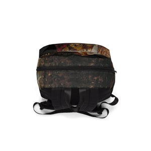 May include: A black backpack with adjustable straps. The backpack has a dark brown, textured pattern with a colorful design on the front.