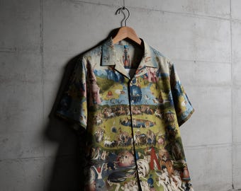 Chemise à manches courtes boutonnée à col, inspirée du Jardin des délices de Jérôme Bosch - Chemise hawaïenne - Chemise homme - Chemise femme - Style esthétique