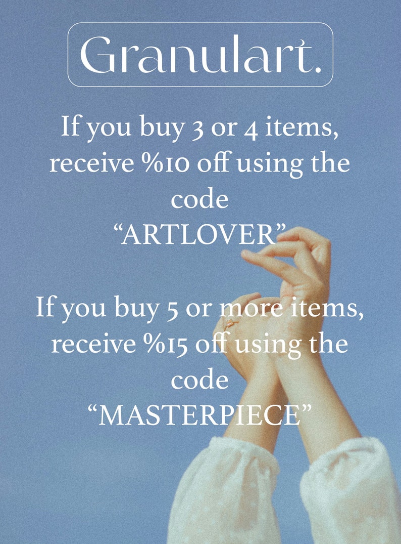May include: Text on a blue background reads "Granulart." and offers discounts with codes "ARTLOVER" and "MASTERPIECE" for multiple item purchases. The image includes a person's arms and hands.