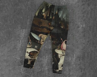 May include: Black sweatpants with a colorful print of a painting depicting a scene of chaos and fantasy.
