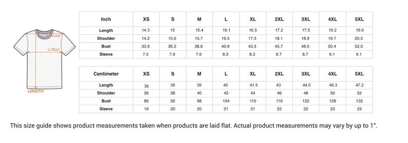 May include: A white t-shirt graphic with a size chart showing measurements in inches and centimetres. The chart includes measurements for length, shoulder, bust, and sleeve for sizes XS to 5XL. The text at the bottom states that measurements may vary by up to 2.5 cm.
