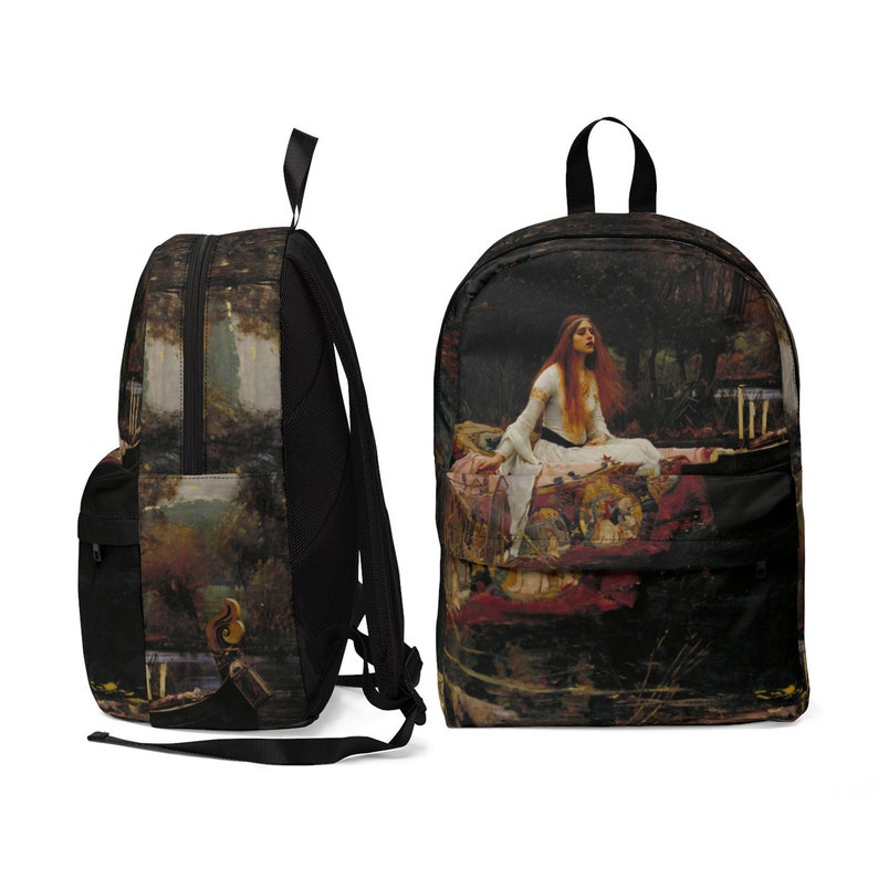 May include: A black backpack with a print of a painting depicting a woman in a white dress sitting on a bed with a red and gold tapestry. The woman has long red hair and is looking to the left. The background is a dark forest.