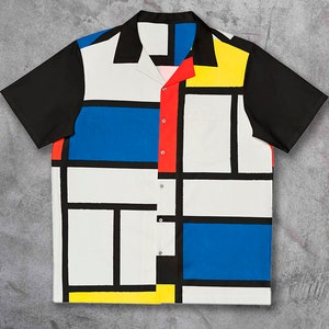 Omaggio a Mondrian Camicia a maniche corte con colletto button down - Camicia hawaiana-Camicia da uomo - Estetica della camicia da donna -Composizione ispirata a Mondrian