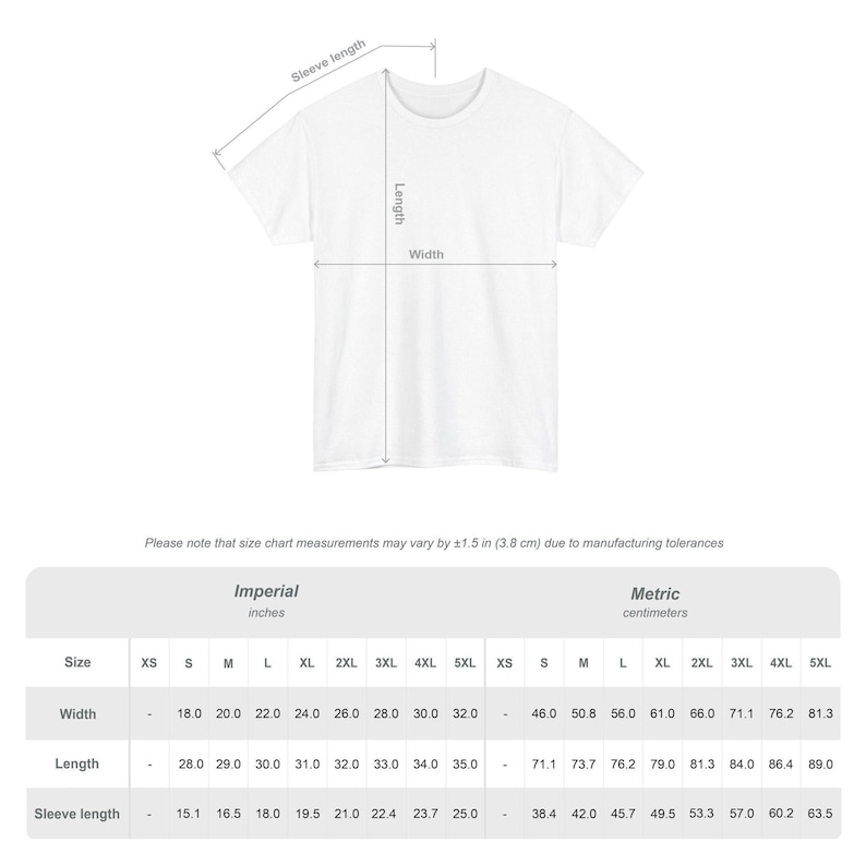 Puede incluir: Una camiseta blanca con medidas de ancho, largo y largo de manga. La tabla de tallas incluye medidas m&eacute;tricas en cent&iacute;metros, que van de XS a 5XL. El ancho var&iacute;a de 46,0 a 81,3 cm.